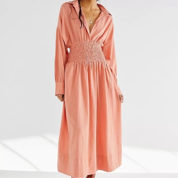 FREE PEOPLE Monika Peach Shirt Midi Drop Waist Dress Size Small - Picture 1 of 12